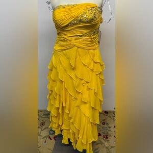Adna Yellow Strapless Ruched Gown with Asymmetrical Ruffles and Stones
